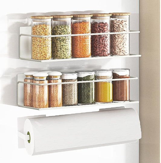 Magnetic Spice Rack for Refrigerator Magnetic Fridge Shelf for Kitchen Spice Organizer Magnetic Shelf for Fridge Space Saving White 2 Pack with Magnetic Paper Towel Holder