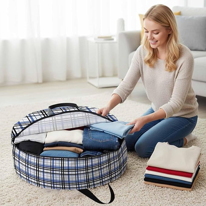 Storage Bag Blue Black Buffalo Plaid Round Storage Totes Bins Closet Organizers with Zippers & Handle Check Stripe Clothes Storage Container for Bedroom Dorm Space Saving Packing Supplies Moving Bags