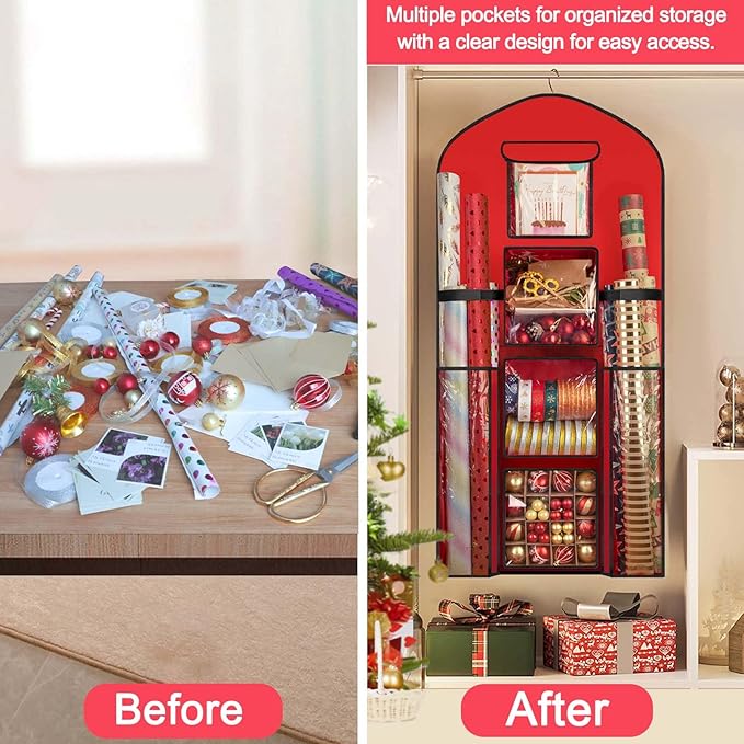 Woodoulogy Hanging Gift Wrapping Paper Storage, 48x24 (Extra Large) Red Double-Sided Christmas Wrapper Bag Container, Oxford Long Craft Roll Organizer, Present Wrap Holder for Closet, Door