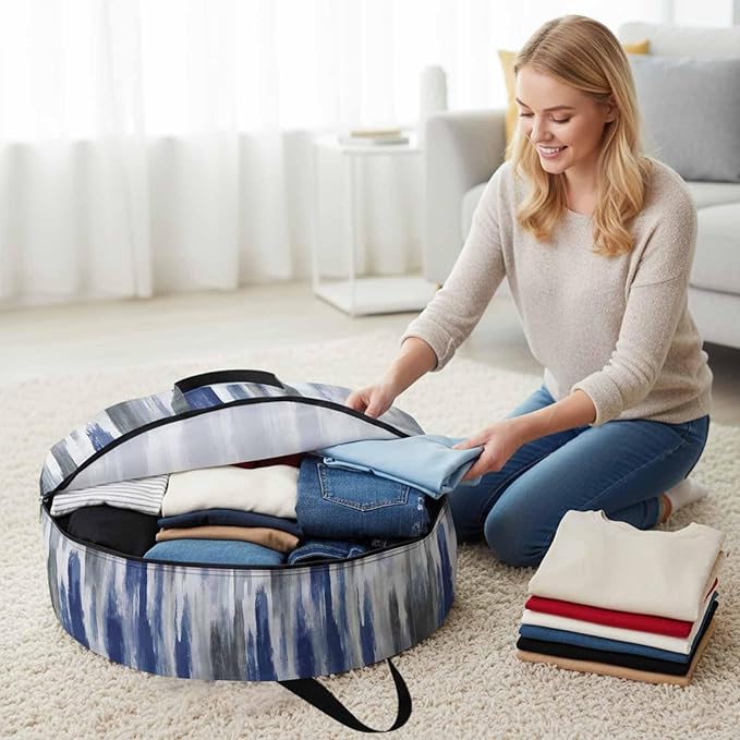24 Inch Round Storage Bag 2 Pack,Watercolor Blue Grey Oil Painting Art Waterproof Wreath Storage Container with Handles&Zipper Modern Abstract Closet Organizer Bags Garland Box