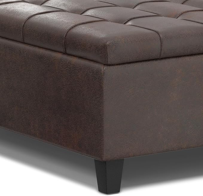 SIMPLIHOME Harrison Large Coffee Table Storage Ottoman - 40 inch Wide Upholstered Vegan Leather Square Lift-Top Ottoman in Distressed Brown, Transitional Bench for Living Room with Sturdy Base