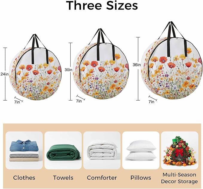 Yellow Orange Poppy Round Storage Bag 24 Inch, Watercolor Flower Spring Summer Floral Clothes Storage Container with Handles Heavy Duty Organizer for Comforter, Bedding & Holiday Wreaths