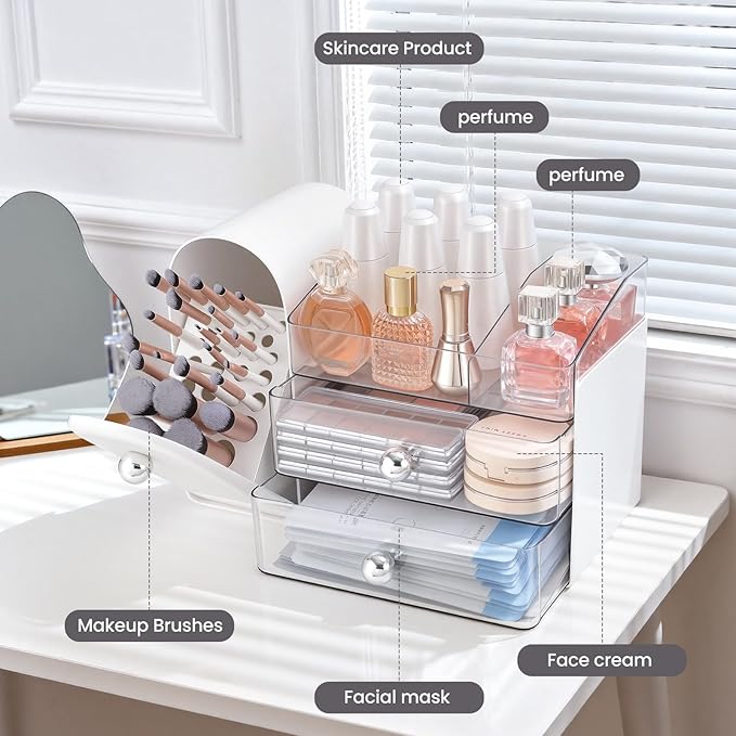 Makeup Organizer,Vanity Organizer with Makeup Brush Holder,Large Skincare Organizers with Drawers,Bathroom Countertop Organizer,Storage Lipstick,Perfume,Nail Polish,Beauty,Mothers Day Gifts