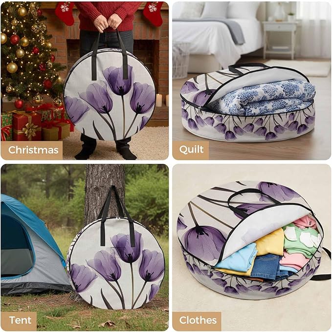 Spring Purple Round Storage Bag 36 Inch, Flowers X-ray Image of Tulips Floral Retro Clothes Storage Container with Handles Heavy Duty Organizer for Comforter, Bedding & Holiday Wreaths