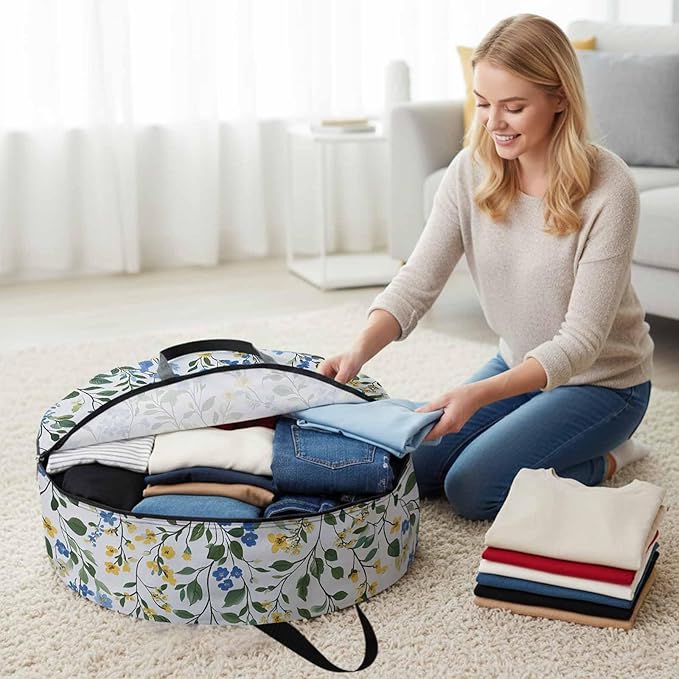 Spring Wildflower Round Storage Bag 36 Inch, Blue Yellow Floral Watercolor Leaf Plant Clothes Storage Container with Handles Heavy Duty Organizer for Comforter, Bedding & Holiday Wreaths