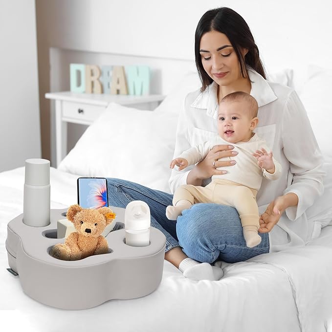Couch Cup Holder Pillow, Sofa Organizer Caddy Bed Refreshment Tray for Drinks, Remotes, Phones, Snacks (PUGrey)