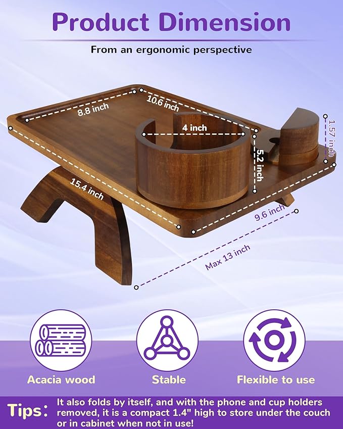 Couch Arm Tray Table with Oversized Cup Holder & Adjustable Phone Stand – Foldable Acacia Wood Sofa Armrest Clip Table for Wide Couches, Recliners, and Living Room Use