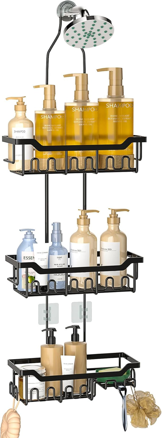 Adjustable Shower Caddy Hanging, Extended Length Organizer Over Shower Head, 3 Tier Long Neck Shower Rack with Soap Holder for Large Storage, Black