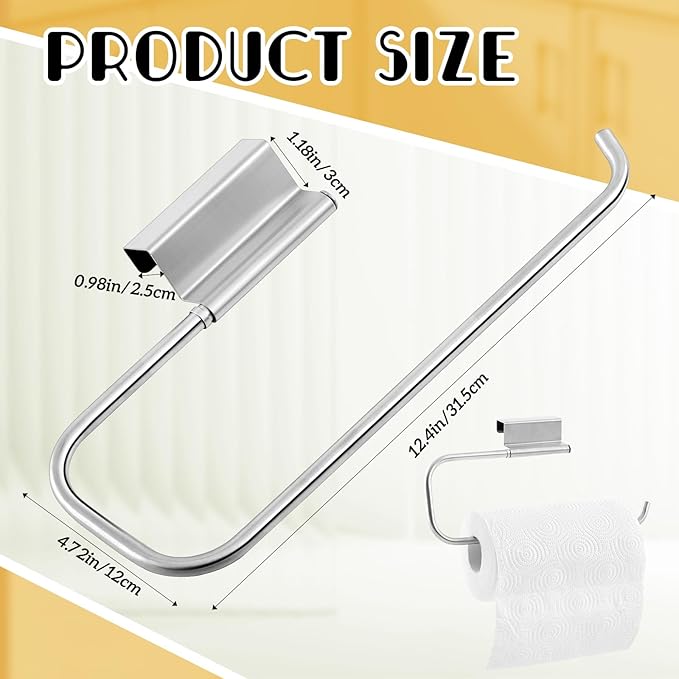 Yaocom 12.4 Inches Cabinet Door Paper Towel Holder Camper Under Sink No Drilling Paper Towel Storage and Dispenser for RV Kitchen Bathroom Laundry Room, Stainless Steel(Silver,1 Pcs)