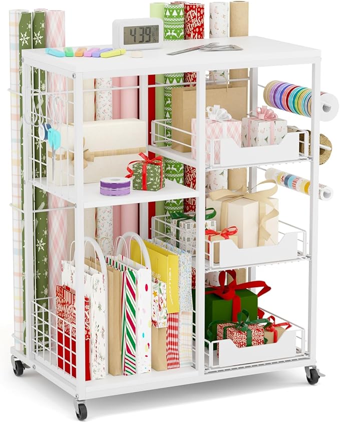 Wrapping Paper Organizer Storage with Wheels, Rolling Gift Wrap Cart with Ribbon and Gift Bag Storage, Craft Organization with 20 Roll Holders and 3 Drawers, White