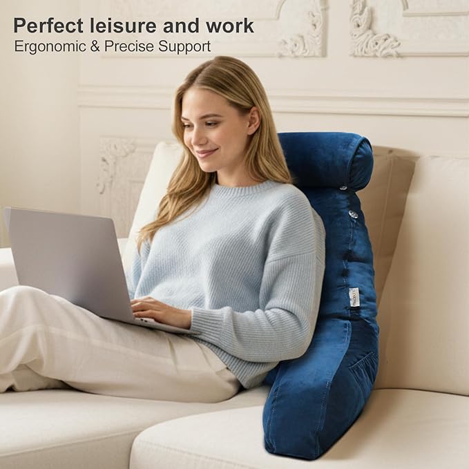 Reading Pillow for Sitting in Bed Adult with Detachable Neck Roll & Big Backrest Pillow for Bed Sitting up with Arms Side Pocket Shredded Foam Back Pillows Chair Pillow with Washable Cover