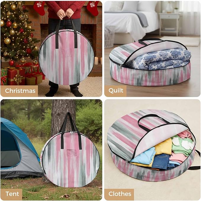 24 Inch Round Storage Bag 1 Pack,Pink Grey Oil Painting Art Waterproof Wreath Storage Container with Handles&Zipper Modern Abstract Closet Organizer Bags Garland Box