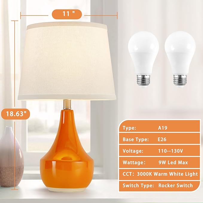GyroVu 18" Table Lamp Set of 2, Ceramic Lamp Classic Beside Lamps Nightstand Lamp Modern Table Lamp for Living Room, Bedroom & Office Rocker Swtich Orange-LED Bulbs Included