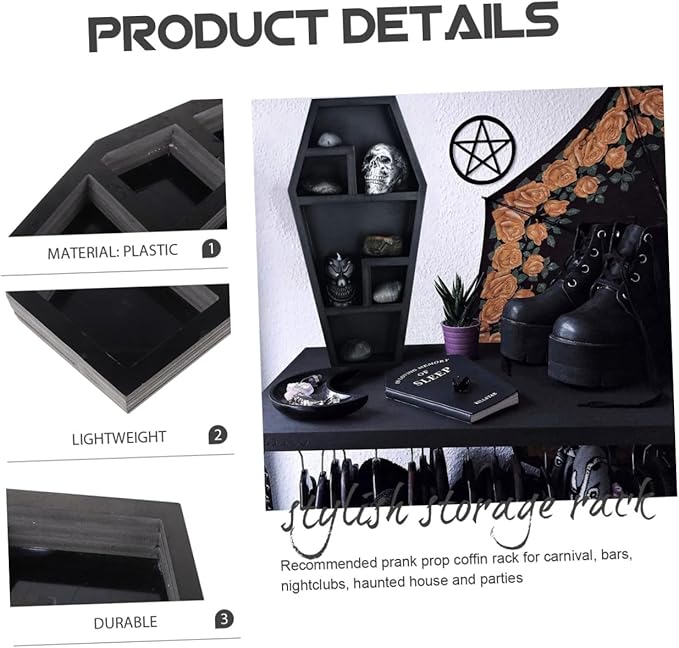 GALPADA Spooky Coffin Shelf Gothic Decor for Halloween Display Multipurpose Coffin Shaped Holder for Parties and Storage Eerie Compartment Shelf for Unique Home Decor