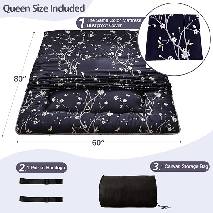 MAXYOYO Japanese Floor Mattress Navy Floral Printed Futon Mattress Foldable Floor Cushion Roll Up Camping Mattress Floor Lounger Queen Size Mattress
