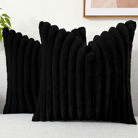 decorUhome Cozy Faux Fur Throw Pillow Covers 18x18 Set of 2 Decorative Soft Plush Striped Modern Farmhouse Boho Couch Pillow Cases with Velvet Back for Sofa Bed Living Room, Black