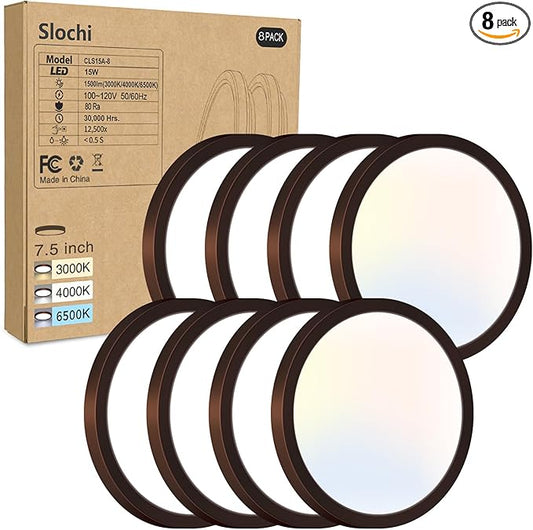 8PACK LED Flush Mount Ceiling Light Fixture, 3000K-4000K-6500K & 100W Equivalent Modern Kitchen Recessed Ceiling Lamp 15W 1500Lm 7.5 Inch Closet Round Surface for Bathroom Laundry-Oil-Rubbed Bronze
