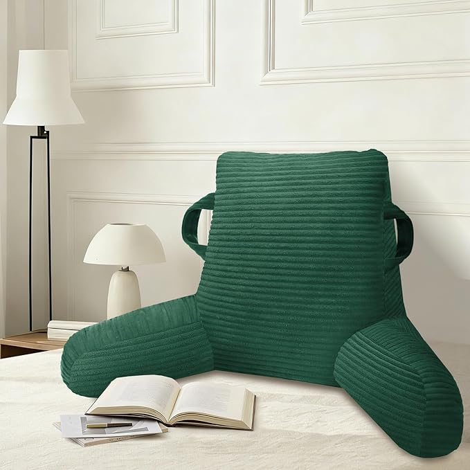 Reading Pillow for Sitting in Bed Adult, Bed Reading Pillow with Shredded Memory Foam, Back Pillow for Sitting with Arms and Pockets, Green