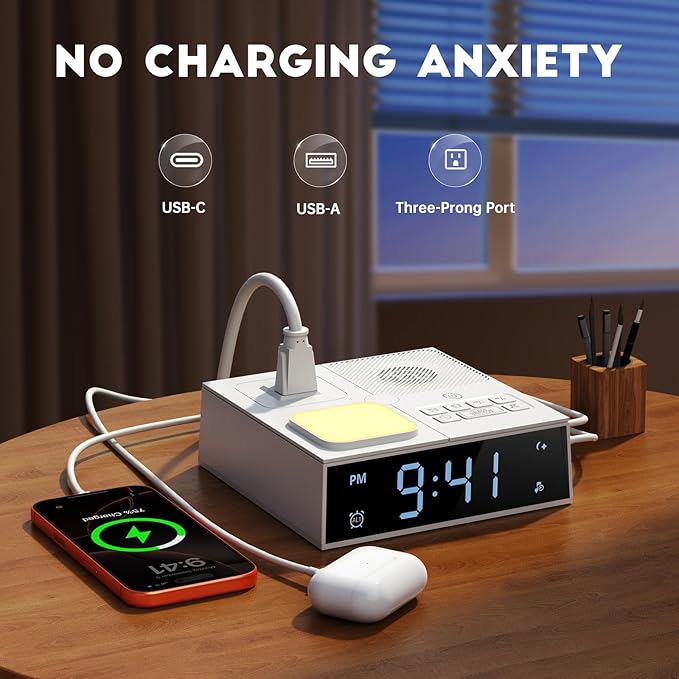White Noise Sound Machine with Dual Alarm Clock - Soft Night Light 41 Non Looping Sounds USB Port Charger 3 Timers Memory Function 31 Adjustable Volume Sleep Sound Machine for Adult & Home Bedroom