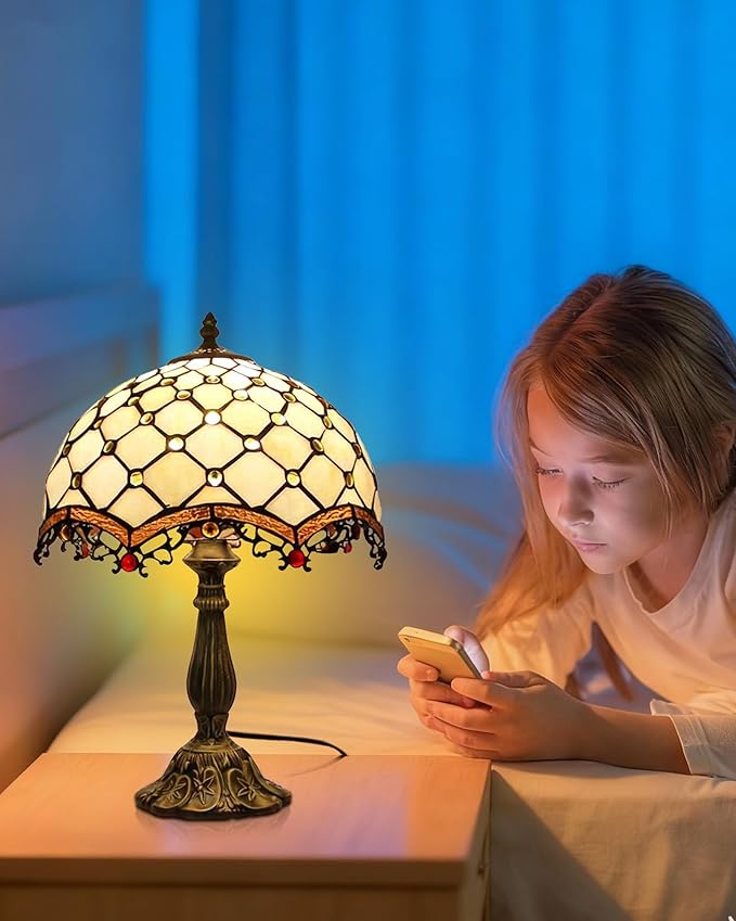 Tiffany Lamp Cream Amber Stained Glass Bead Table Lamp Desk Bedside Reading Light 12X12X18 Inches Deco Bedroom Living Room Home Office