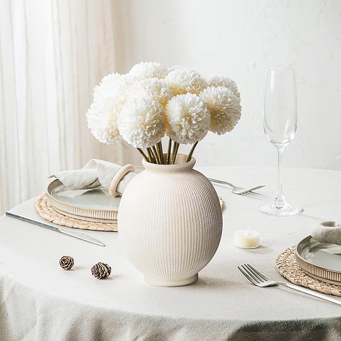 Ceramic Decorative Flower Vase - Rustic Farmhouse Boho Ceramic Vase for Home Decor, Table Centerpiece, Living Room, Bathroom, Book Shelf, Mantel Decoration, Wedding Decor (6.8" White)