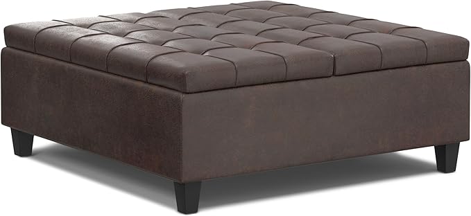 SIMPLIHOME Harrison Large Coffee Table Storage Ottoman - 40 inch Wide Upholstered Vegan Leather Square Lift-Top Ottoman in Distressed Brown, Transitional Bench for Living Room with Sturdy Base