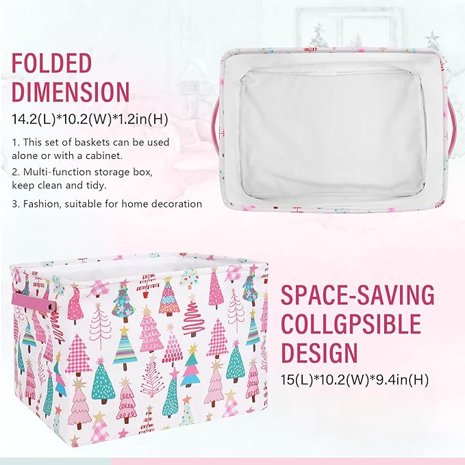 FYSUIMU 2 Pcs Christmas Storage Basket Pink Green Xmas Tree Storage Bins with Handles Rectangle Foldable Container Box for Home Office Nursery Laundry Shelf Closet Toy