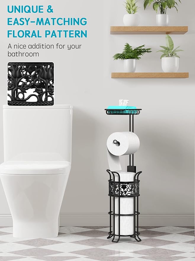 Toilet Paper Holder Stand with Shelf, Free Standing Toilet Paper Roll Dispenser Holds 3 Big Rolls of Jumbo Mega Paper, for RV Bathroom, Floral Pattern, Black