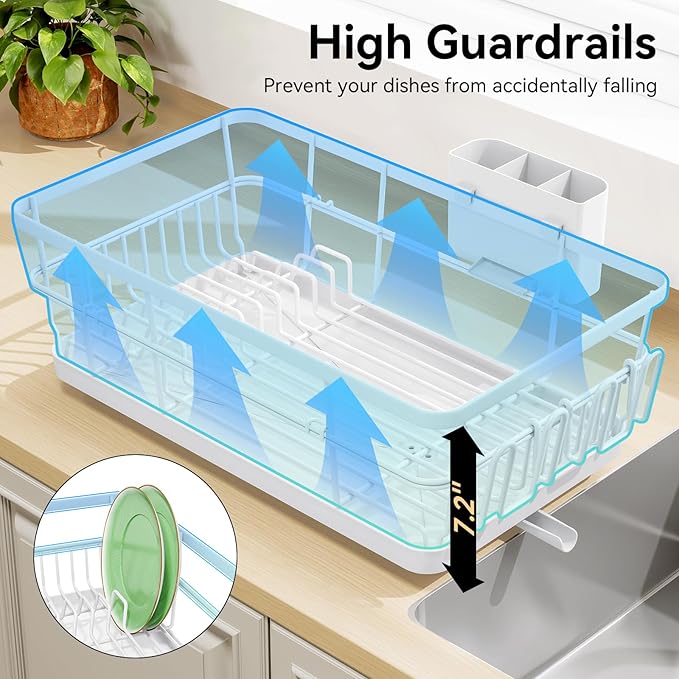 TOOLF Dish Drying Rack, Dish Racks for Kitchen Counter, Stainless Steel Sink Organization and Storage Essentials with Cutlery Holder, Dish Drainer, Home and Appartment Decor, 12.4''W x 16.5''L, White
