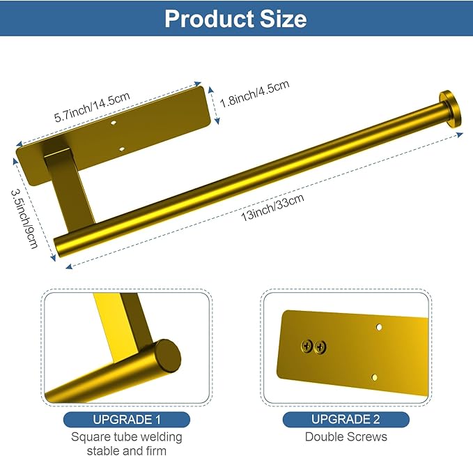 CUXIXA Paper Towel Holder Under Cabinet, Upgraded Adhesive Paper Towel Holder Wall Mount for Kitchen, Bathroom, RV, Bend-Resistant, Self-Adhesive or Drill mounting, Stainless Steel, Gold