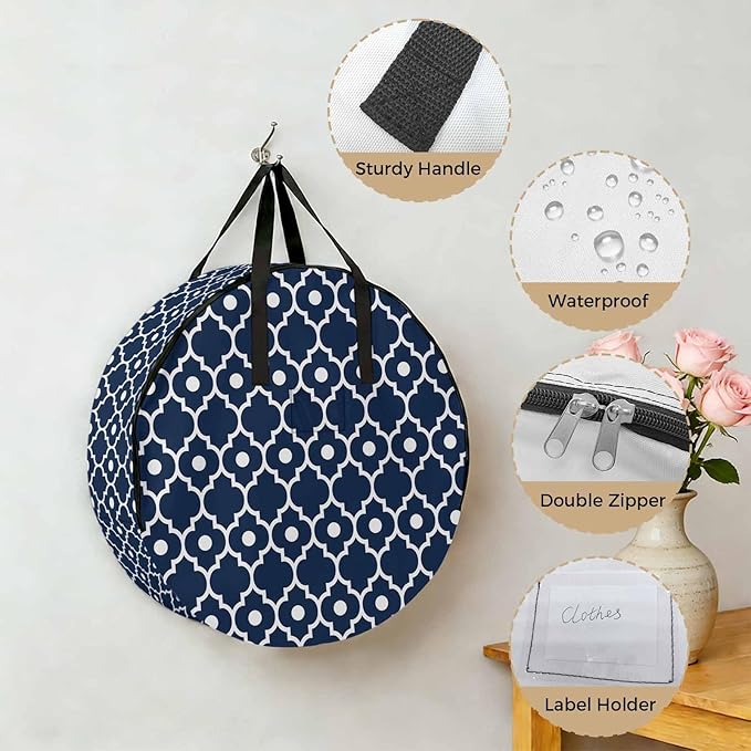 Storage Bag Blue Moroccan Design Round Storage Totes Bins Closet Organizers with Zippers & Handle Geometric Art Clothes Storage Container for Bedroom Dorm Space Saving Packing Supplies Moving Bags