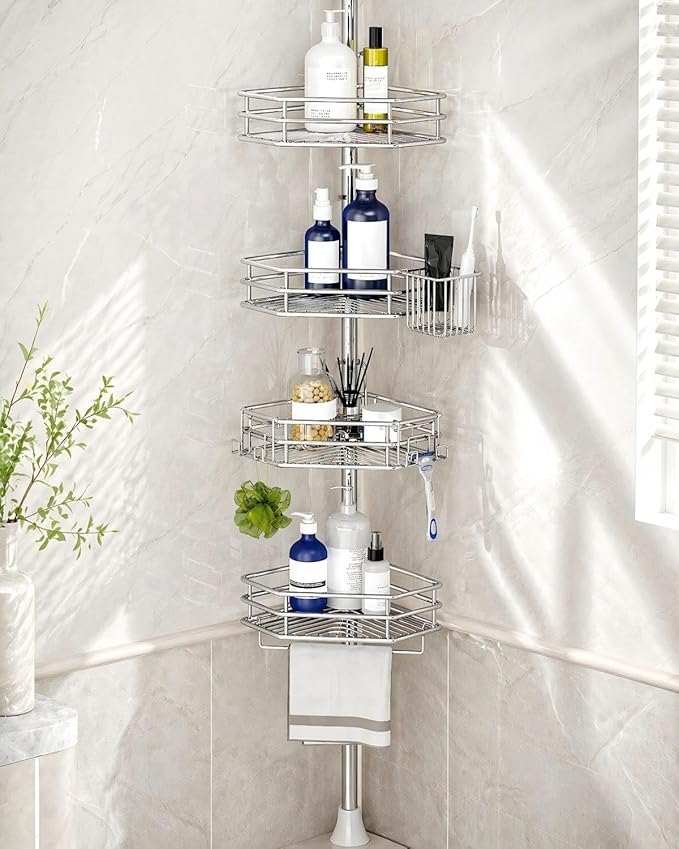 SEIRIONE Corner Shower Caddy Tension Pole, Quick Setup, Rust-Free Bathroom Shower Organizer Corner for Bathtub Shampoo Storage, 4-Tier Adjustable Shelf, Drill Free, Fits 34 to 116 Inch Height, Silver