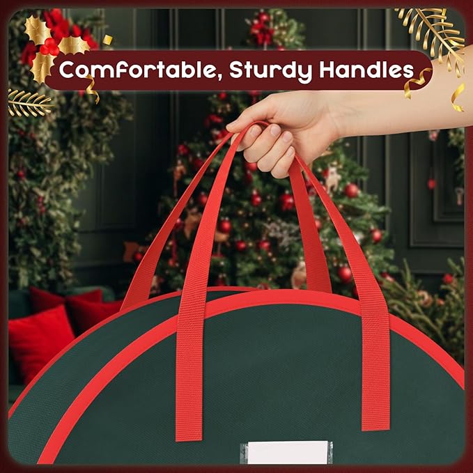 Criusia Wreath Storage Container, 2 Pack Christmas Wreath Storage Bag with Sturdy Handle, Two-way Zipper,Durable Wreath Storage Organizer Box for Holiday Decoration (Green, 24"x8")