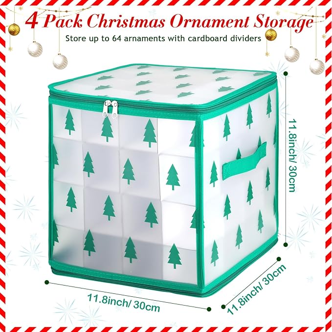 Saintrygo 4 Pcs Christmas Ornament Storage Box with 64 Compartment Zippered Bauble Storage Containers, Vinyl Plastic Ornament Box with Handles, 12 Inch (Tree Style)