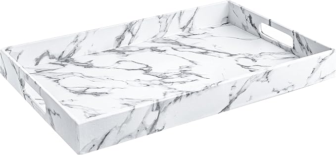 Home Redefined Modern Elegant 17.5"x12" Rectangle White Marble Faux Leather Decorative Tray Ottoman Coffee Table Perfume Living Room Kitchen Serving Tray Display Vanity with Handles for All Occasion's