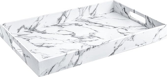 Home Redefined Modern Elegant 17.5"x12" Rectangle White Marble Faux Leather Decorative Tray Ottoman Coffee Table Perfume Living Room Kitchen Serving Tray Display Vanity with Handles for All Occasion's