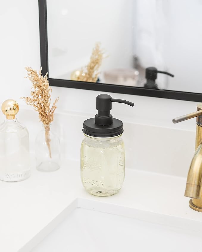 Jarmazing Products Mason Jar Soap Dispenser - Black - with 16 Ounce Ball Mason Jar - Made from Rust Proof Stainless Steel - Two Pack