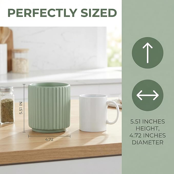 Kitchen Holder for Cooking Utensils, Kitchen Crocks for Storing Utensils (H5.51” x W4.92”), Flatware & Utensil Storage Spoon Stand Ceramic, Includes Silicone Drying Mat Milk Tea Color