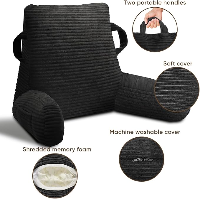 Reading Pillow for Sitting in Bed Adult, Bed Reading Pillow with Shredded Memory Foam, Back Pillow for Sitting with Arms and Pockets, Black