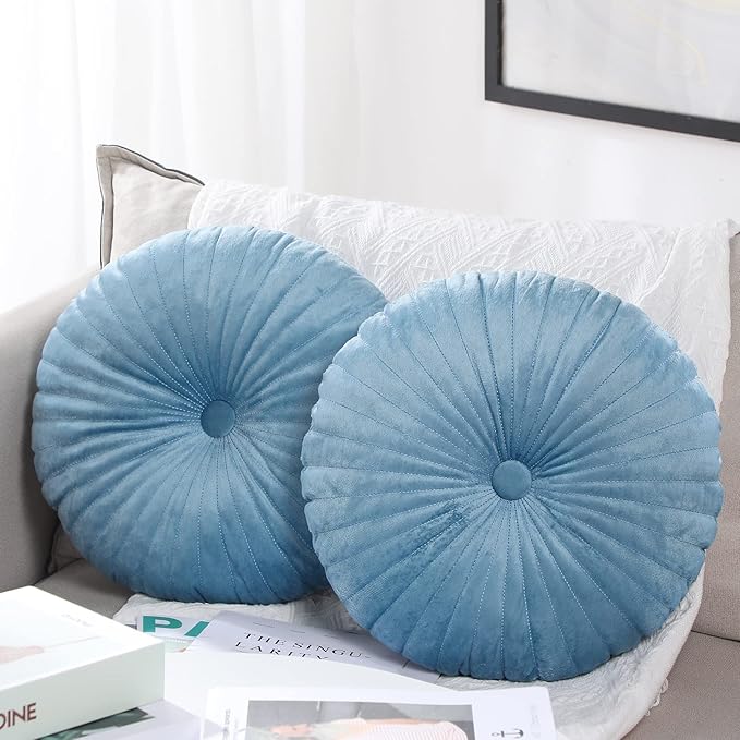 Namalu 2 Pcs Round Throw Pillow 13.8 Inch Decorative Round Velvet Floor Pillows Pumpkin Throw Pillows with Center Button for Thanksgiving Home Decor Living Room Sofa Couch Bed Chair (Blue)