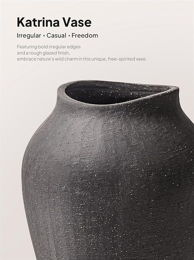 Ceramic Vase - Large 13.6 Inch Tall Floor Vase for Centerpieces, Farmhouse Flower Vases, Rustic Minimalist Home Decor for Living Room, Enterway, Wedding (Sandstone Dark Gray)