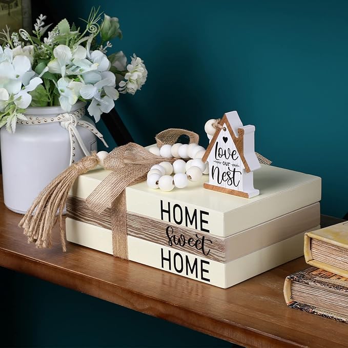Tatuo 4 Pcs Wooden Farmhouse Decorative Books for Home Decor Coffee Table Faux Books for Decoration White Fake Decorative Home Sweet Stacked Display Set with Beads Garland Shelf Living Room Decor