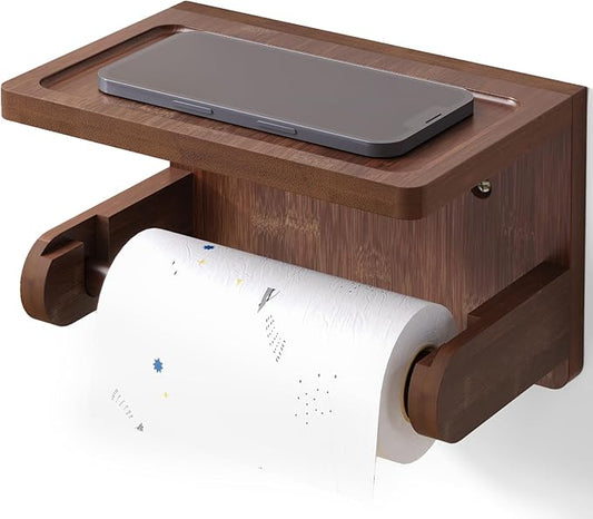 VERTORGAN Toilet Paper Holder with Phone Shelf,Bamboo Wall Mounted Tissue Roll Holder for Bathroom (Brown)