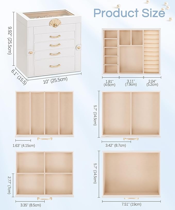 Enthralite Jewelry Box with 4 Drawers: Display Organizer for Earrings Necklaces - Gifts for Girls Women (White)