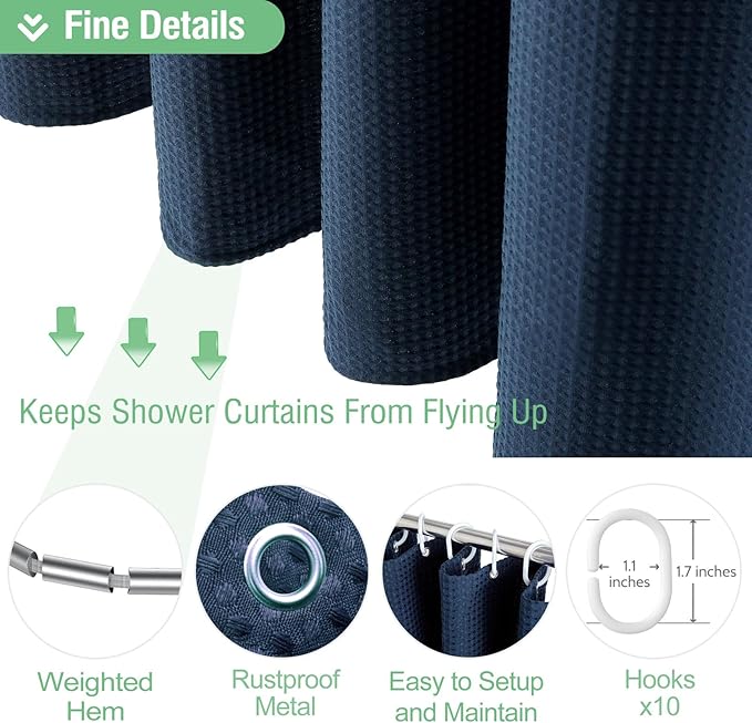 Dynamene Stall Fabric Shower Curtain - 54 inch Wide Waffle Weave Weighted Thick Cloth Shower Curtains for Bathroom, Heavy Duty Hotel Spa Luxury Bath Curtain Set with 10 Hooks, 54x72, Navy Blue