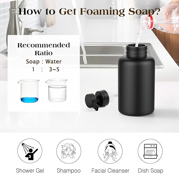 Luxspire Foaming Soap Dispenser, Glass Foam Pump Soap Dispenser, Non-Slip Hand Soap Bottle with 5 Waterproof Labels, 15 Oz Refillable Liquid Soap Bottle for Bathroom & Kitchen, Black, 2 Pack