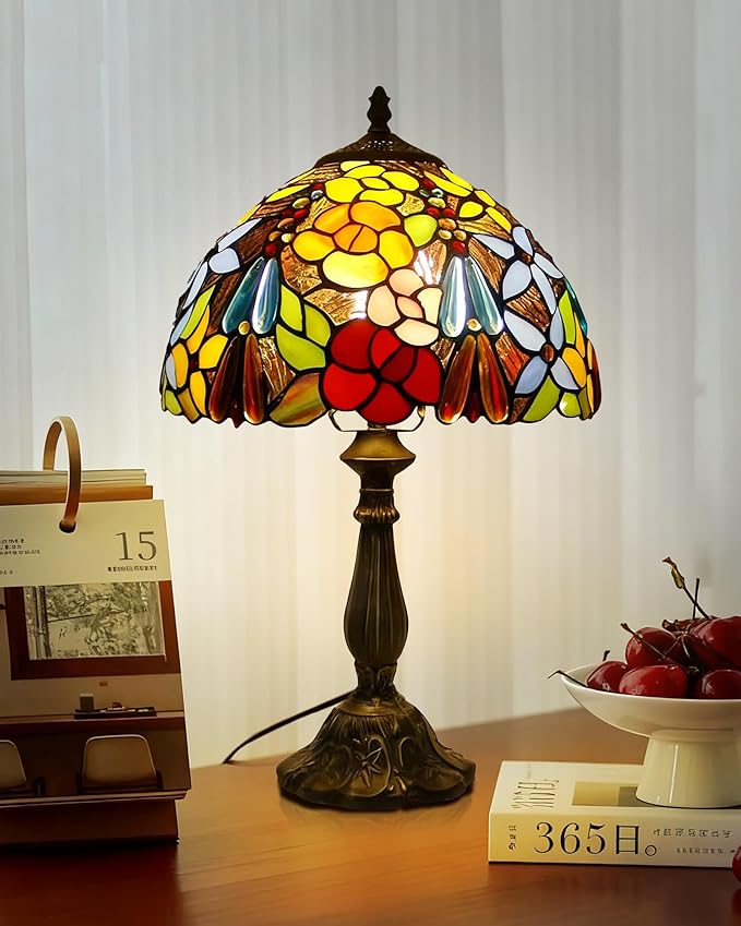 Tall Table Lamps Bedside Nightstand Rose Flower Beads Stained Glass Table Lamp for Bedroom,Living Room,Dining Room Restaurant Hotel Desk Reading Light+LED Bulb,12X12X18 INCH