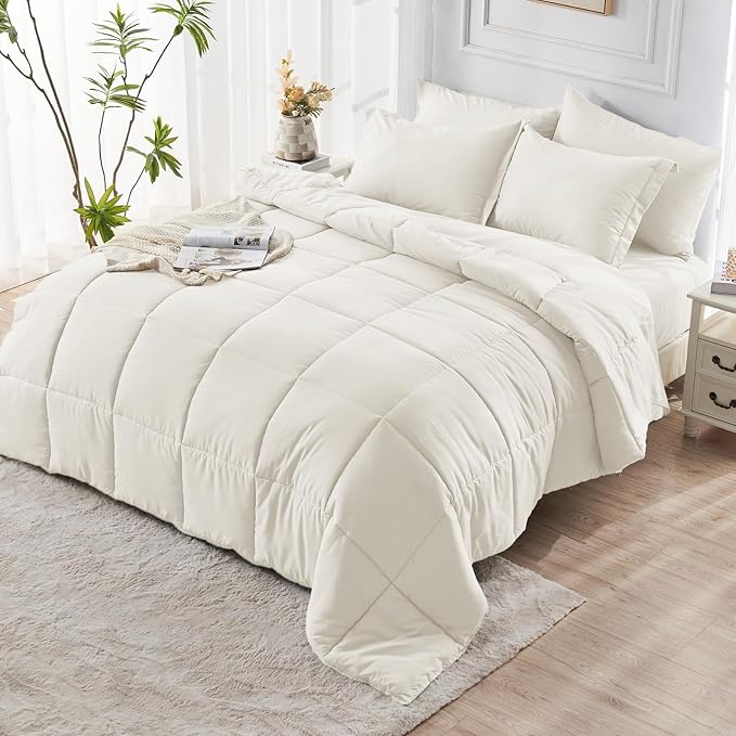 JOLLYVOGUE King Comforter Set, Ultra-Soft Bed in a Bag King Size 7 Pieces, Oeko-TEX Certified Bedding Set with Down Alternative Comforter, Sheets, Pillowcases & Shams, Ivory
