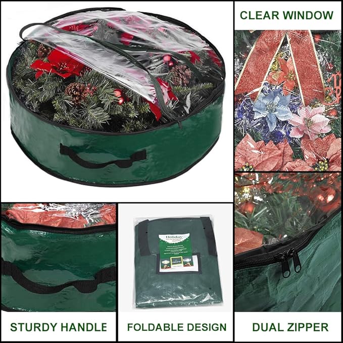 Propik Christmas Wreath Storage Bag 30" - Garland Holiday Container with Clear Window - Tear Resistant Fabric - 2 Pack (30 Inch, Green)