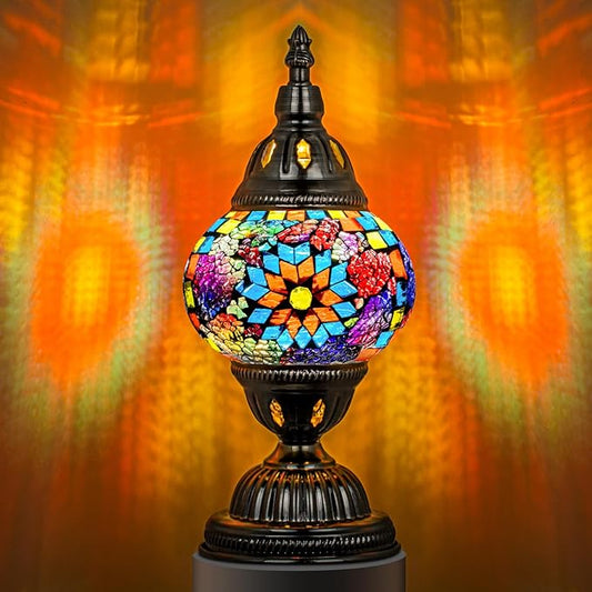 Marrakech Turkish Table Lamp with Bronze Base，Handmade Colorful Moroccan Tiffany Style Mosaic Glass Night Stand Light Fixture Including LED Bulb for Living Room Bedroom Decor (Colorful1)